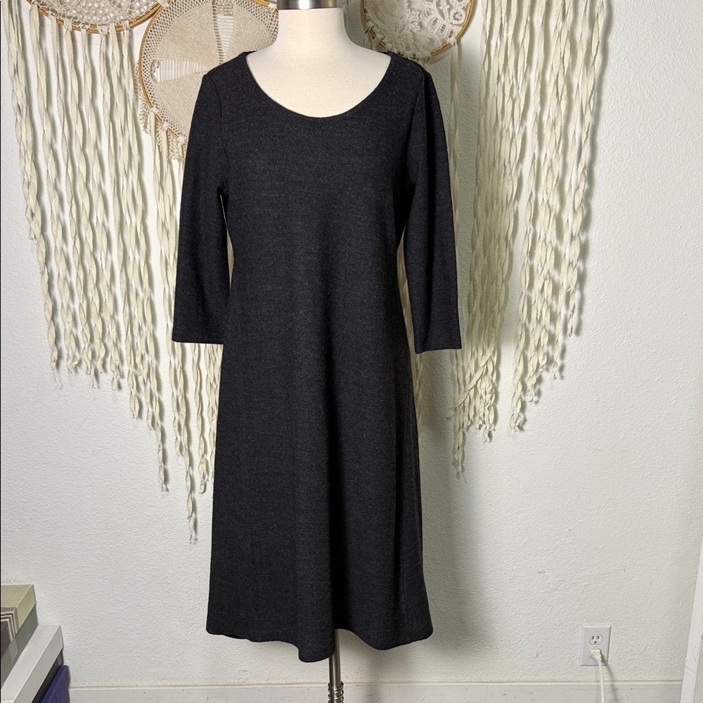 Eileen Fisher Wool Charcoal Gray Quarter Sleeve Midi Length Dress M - Picture 1 of 10